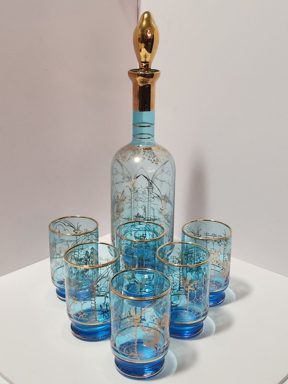 Vintage Blue Venetian Murano Hand-blown Glass Decanter Set with Gilt Details